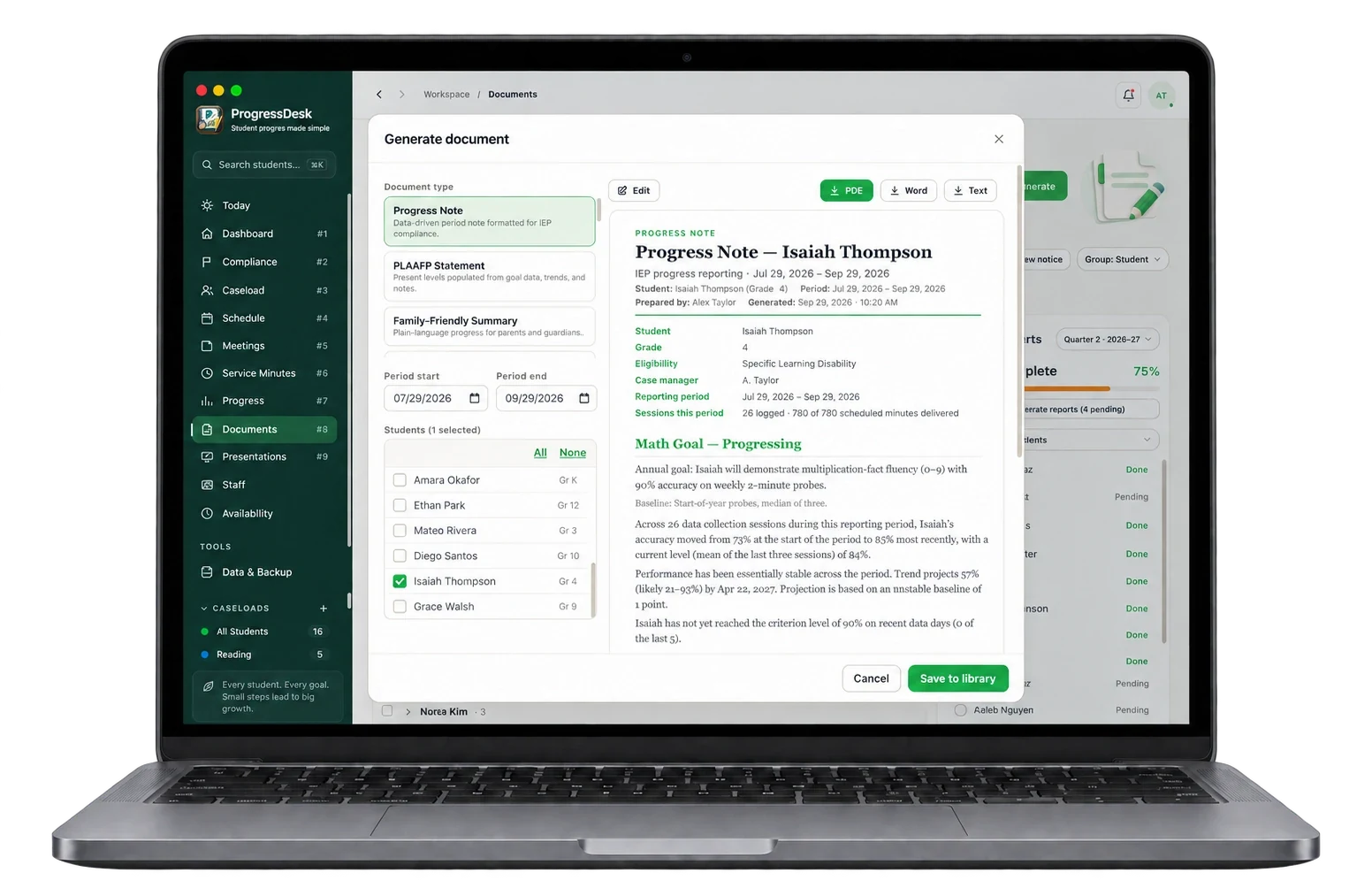ProgressDesk generating a progress note