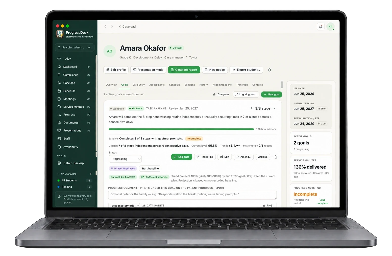 ProgressDesk student profile with IEP goals